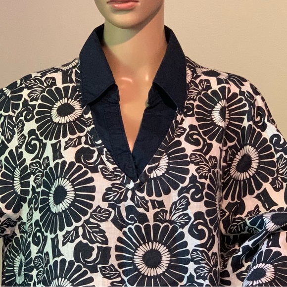 Flax Blue Floral Linen Tunic Top Blouse L Lagenlook Beach Resort Coastal - Picture 16 of 16